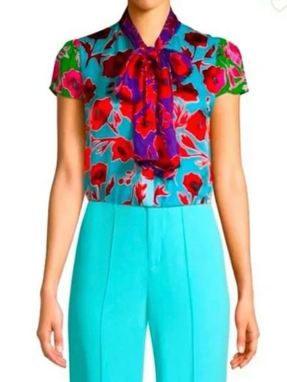 🌺NWT Alice + Olivia Jeannie Silk-Blend Bow Blouse Poppy Garden Bluebird Small🌺 - Picture 6 of 15